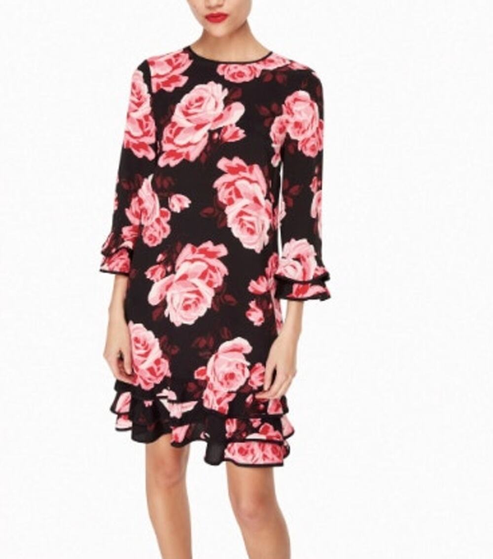 Kate Spade New York Black Pink Rambling Roses Rosa Ruffle Shift Dress Size S